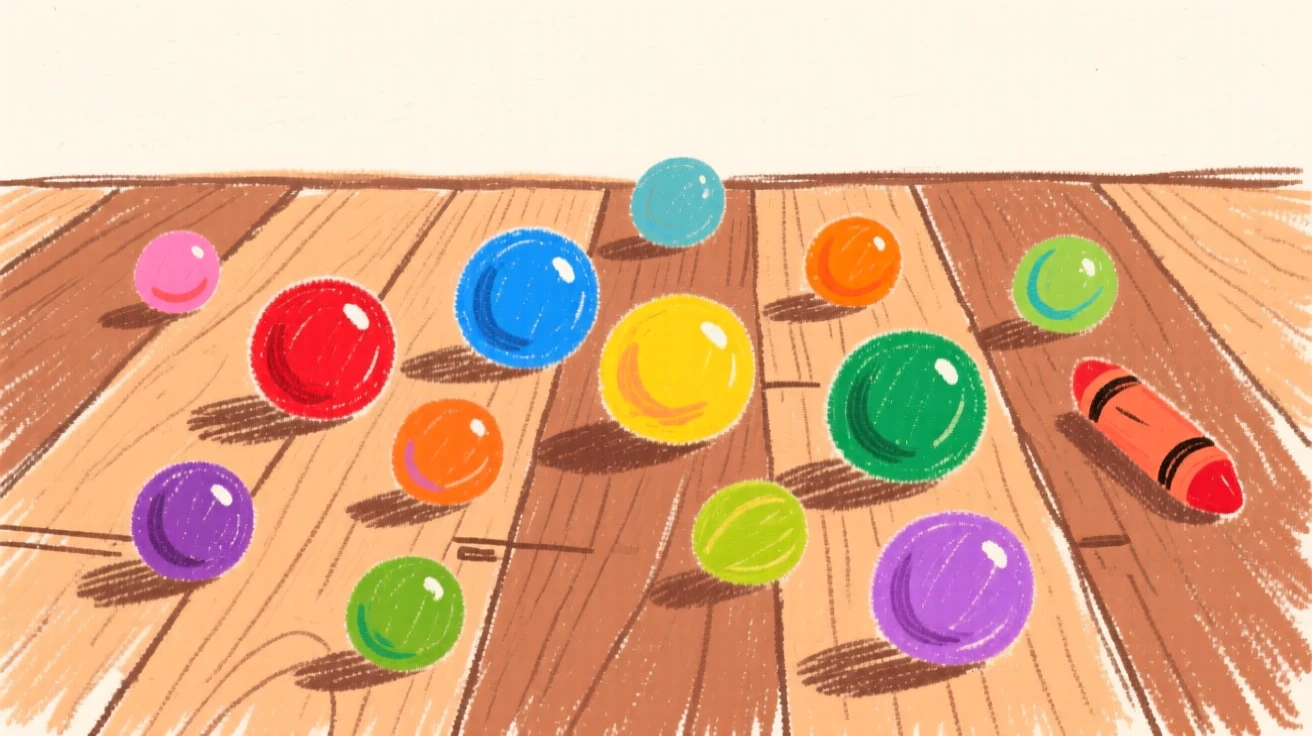 A collection of colorful marbles scattered across a wooden floor.