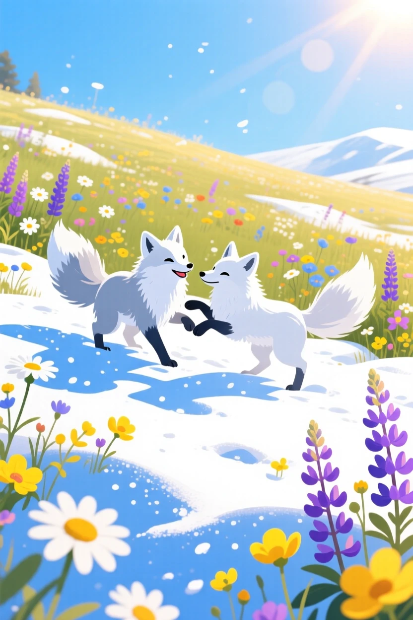 A pair of arctic foxes playing in fresh powder snow, surrounded by a sunlit meadow filled with wildflowers, framed from a low angle to feel grand and majestic, with vivid, richly saturated colors that pop.