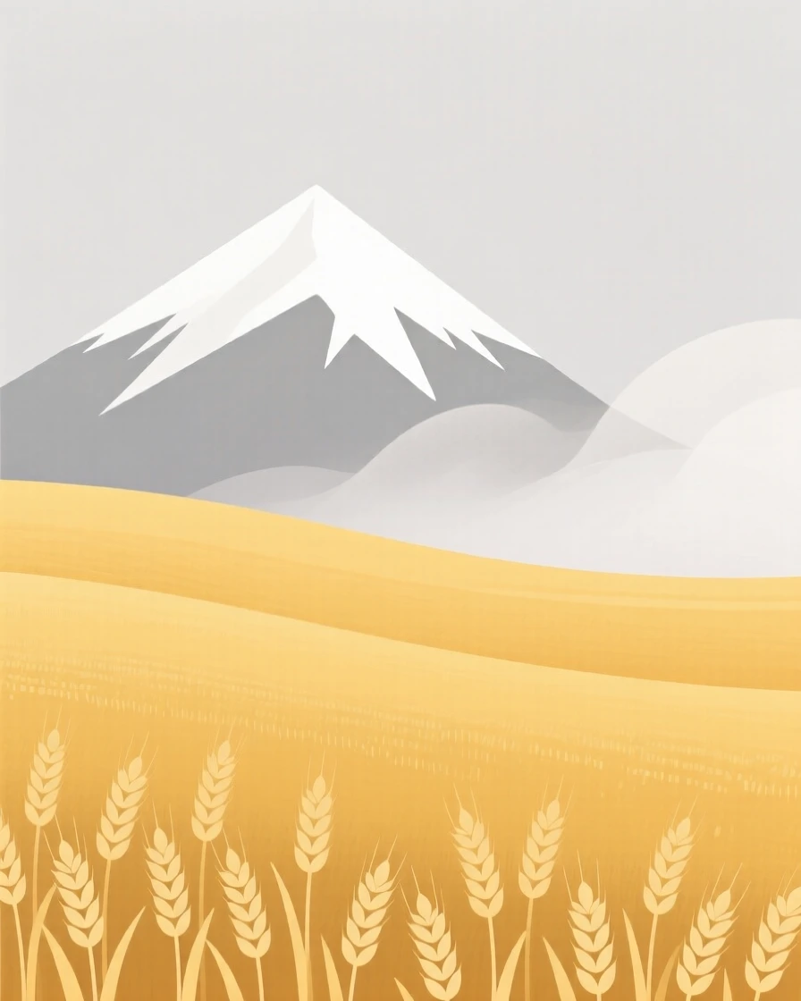 A golden wheat field, quiet and still, cradles a snow-capped ridge resting beside drifting fog, capturing a feeling of peaceful renewal.
