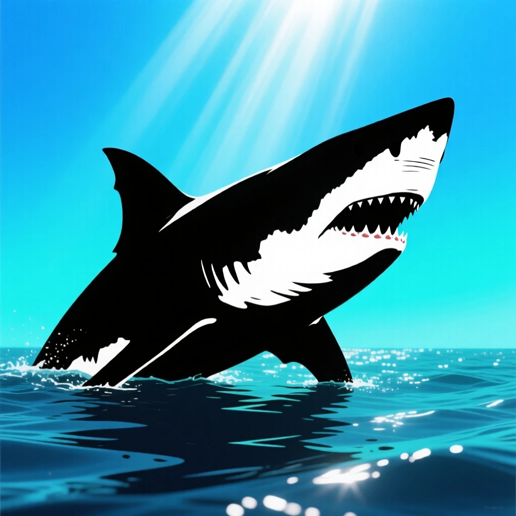 A great white shark rising just beneath the surface of the ocean toward the light above.