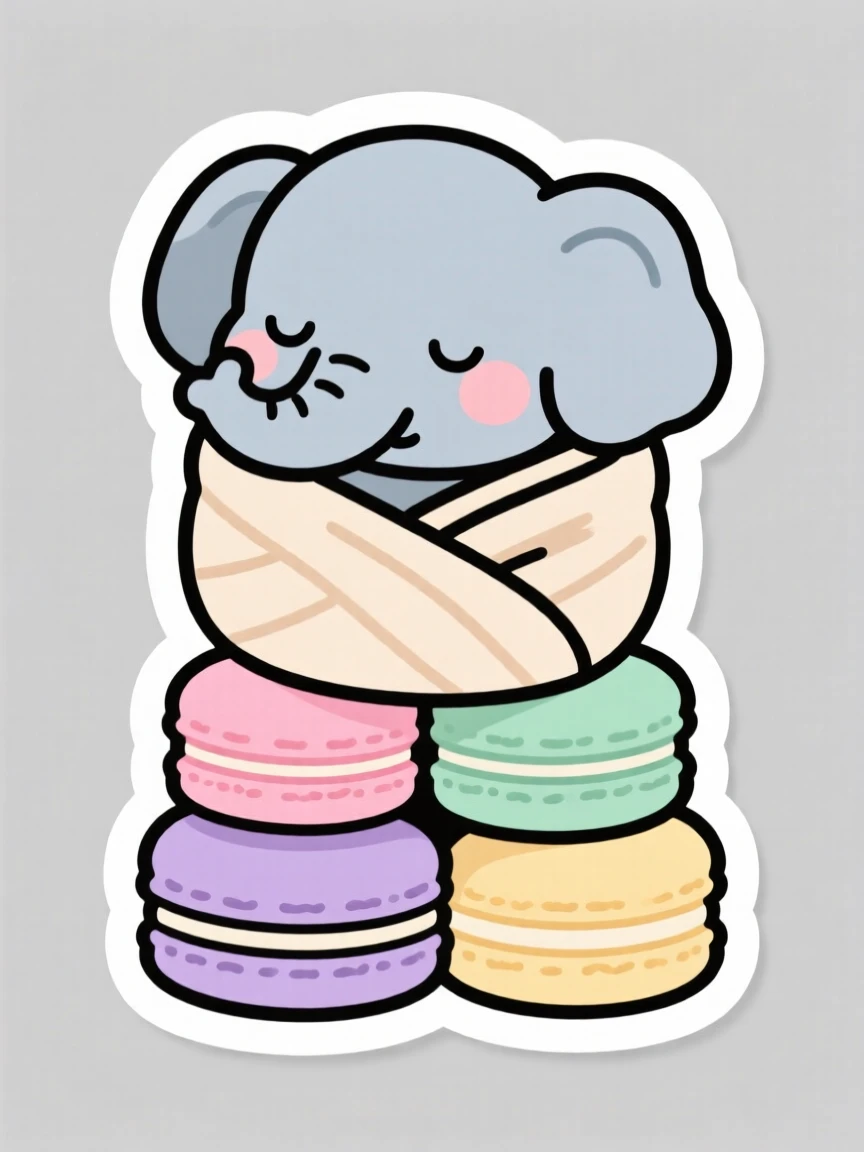 A dreamy chubby baby elephant wrapped in a cozy blanket burrito, on top of a stack of pastel macarons.