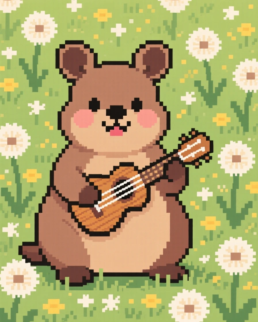 A plump quokka playing a tiny handmade instrument, in a meadow full of dandelions.