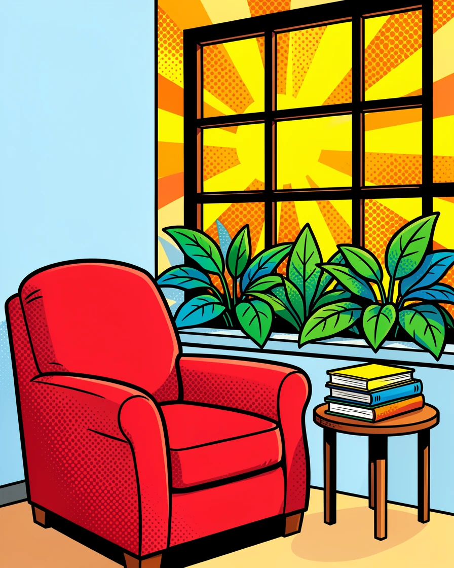 A sunlit reading corner with a plant-filled windowsill