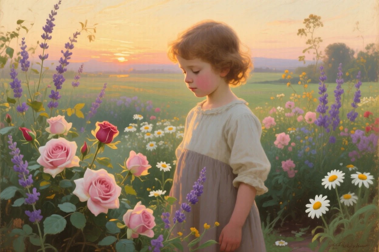 A medium shot of a small child in a fragrant flower garden, radiating quiet contentment, in the last light of sunset.