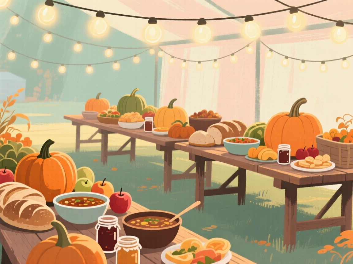 A harvest festival with tables of food beneath strings of lights