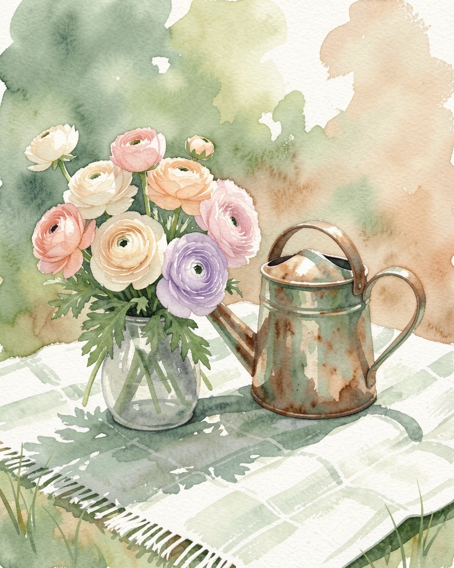A bunch of ranunculus in pastel shades on a picnic blanket next to an antique watering can.
