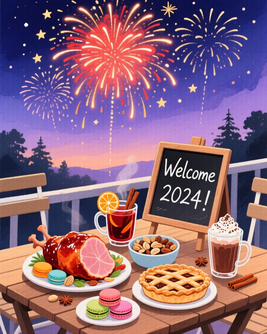 A joyful scene of a New Year's fireworks display, filled with festive food and warm drinks, capturing the warmth of the celebration
