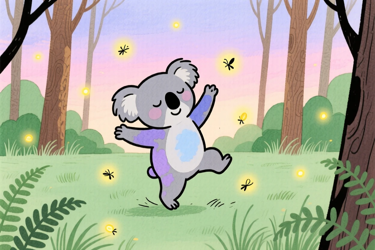 A sleepy koala playing joyfully in a quiet forest clearing as fireflies begin to glow.
