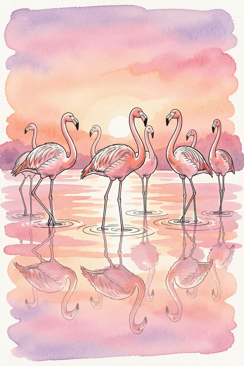 A flock of flamingos standing in shallow pink-tinted water at sunset, reflections mirrored perfectly below