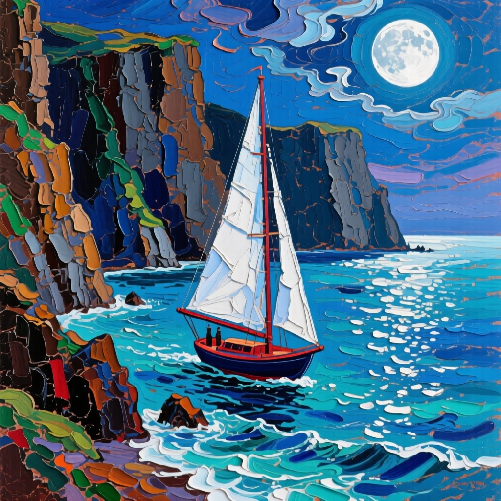 a sailboat gliding past sea cliffs, under a full moon, composed along a natural leading line.