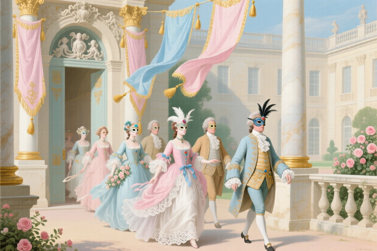 A festive masked procession entering a palace courtyard under fluttering banners  