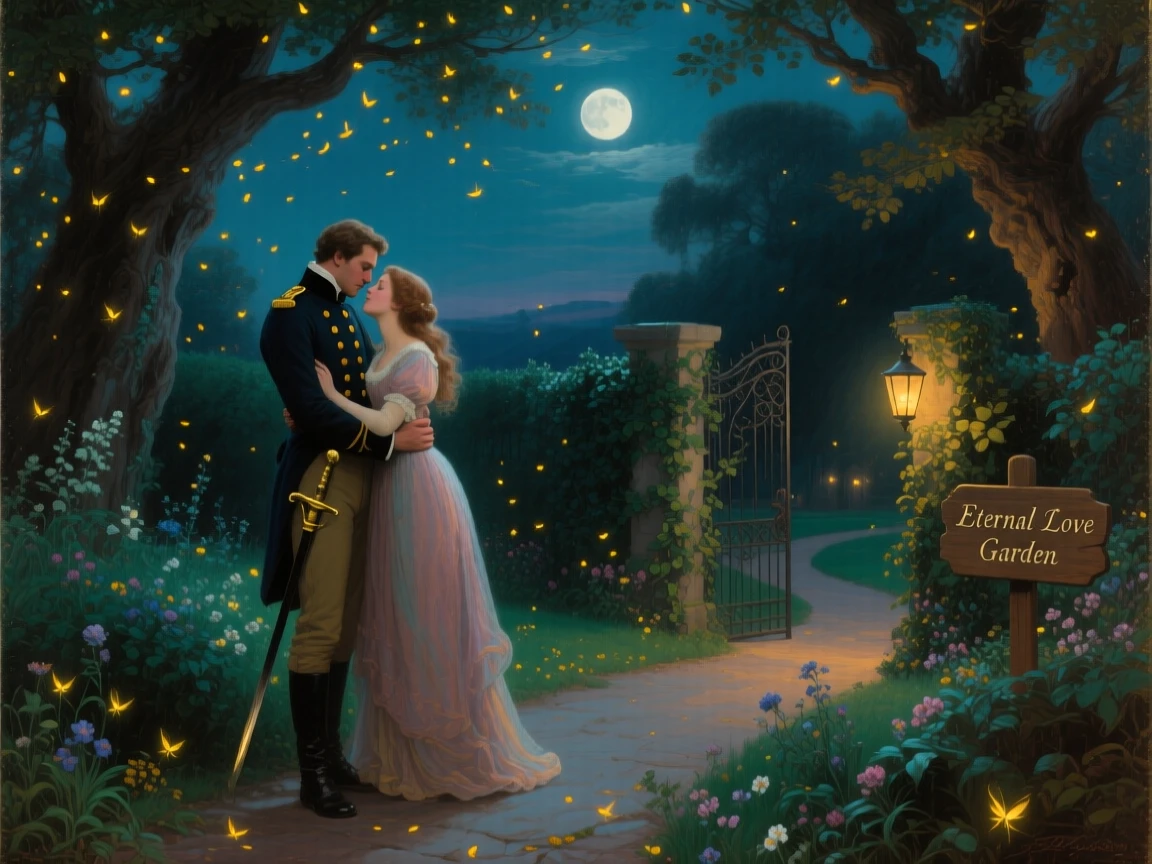 A soldier and his sweetheart embrace beneath a moonlit garden path beneath a canopy of fireflies.