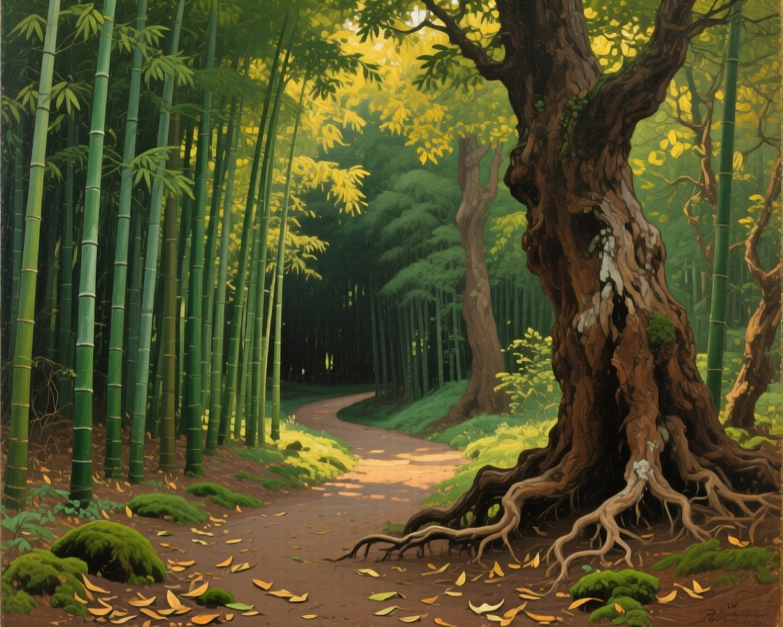 A bamboo forest with a narrow sunlit path winding through it, framed by ancient weathered trees on either side, capturing the raw power and quiet majesty of untouched nature