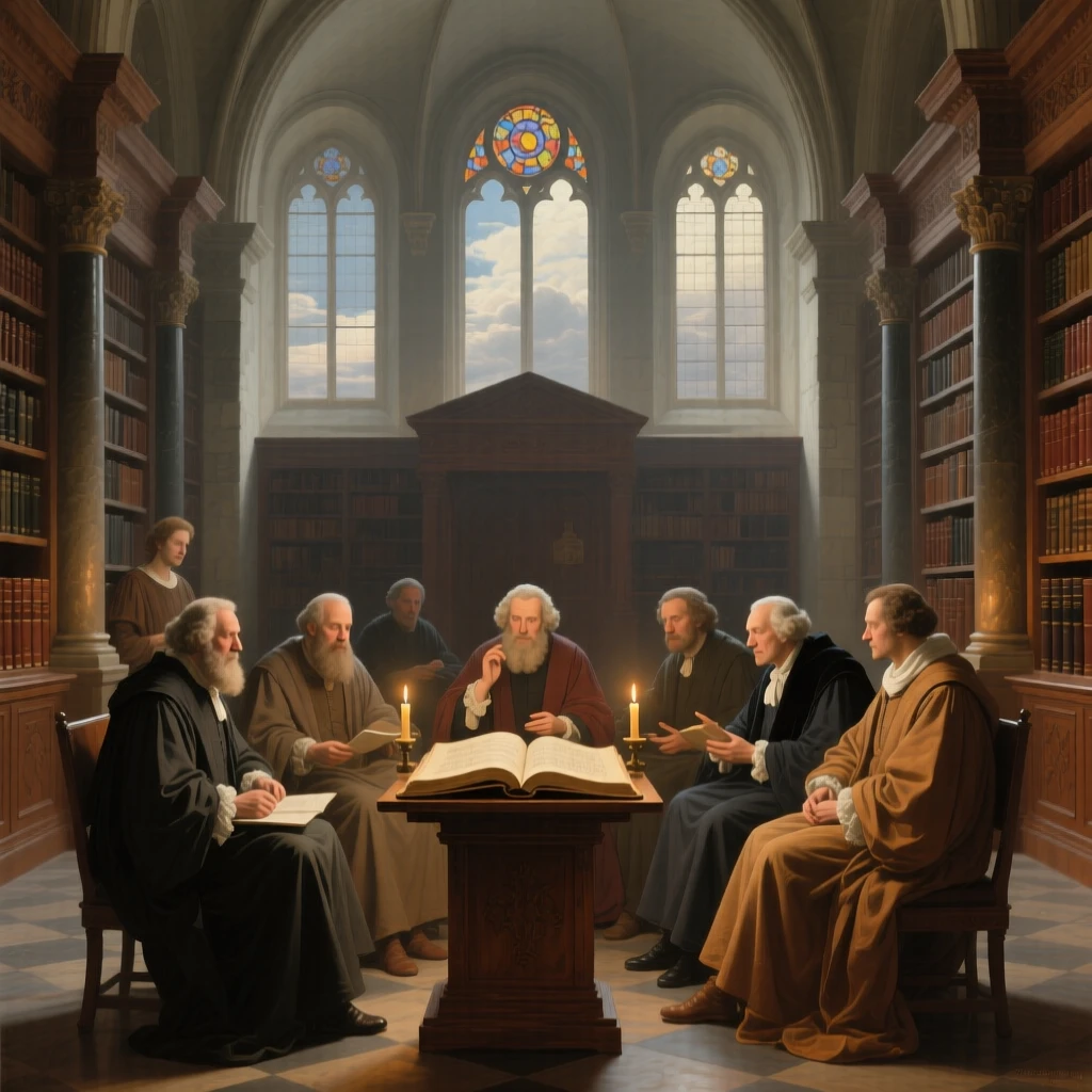 A group of scholars debating the nature of the cosmos by candlelight as ancient wisdom passes gently to the next generation, set within an ancient library devoted to timeless questions, with soft, radiant light breaking gently through clouds or stained glass; converging figures form a reverent circle around the central moment, radiating compassion, faith, and gentle hope.