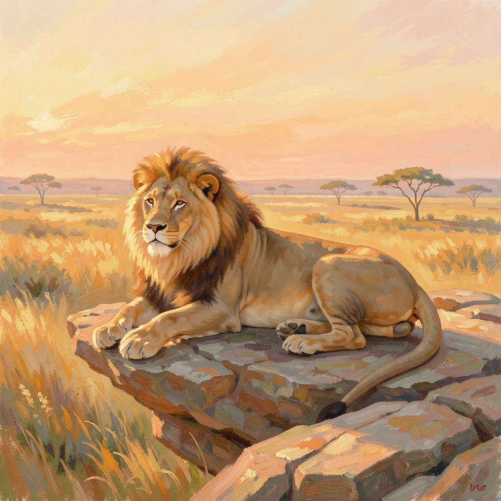 A majestic lion resting atop a rocky outcrop overlooking the golden savanna at sunset.