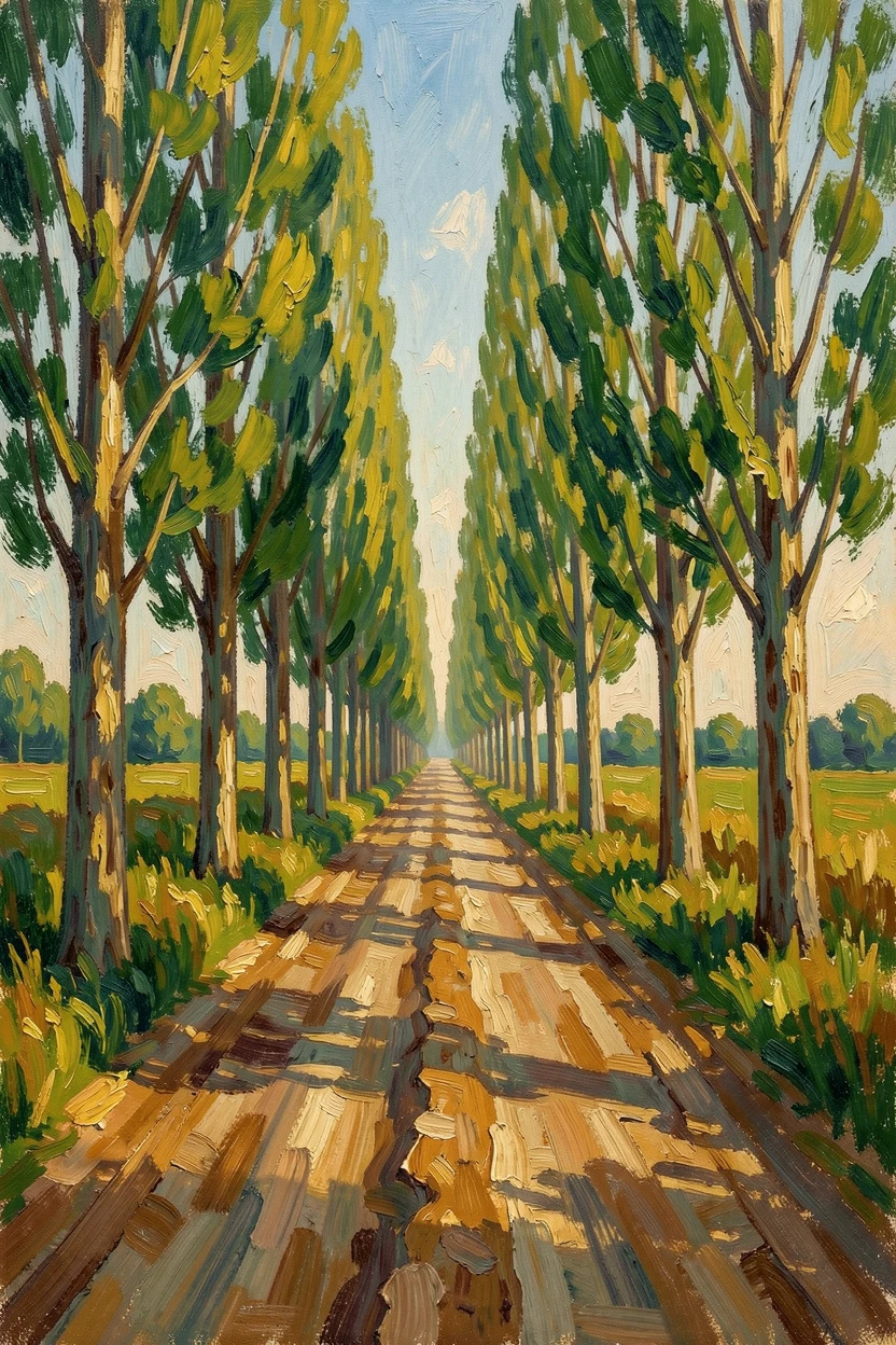 A quiet countryside road lined with tall poplar trees stretching into the distance.