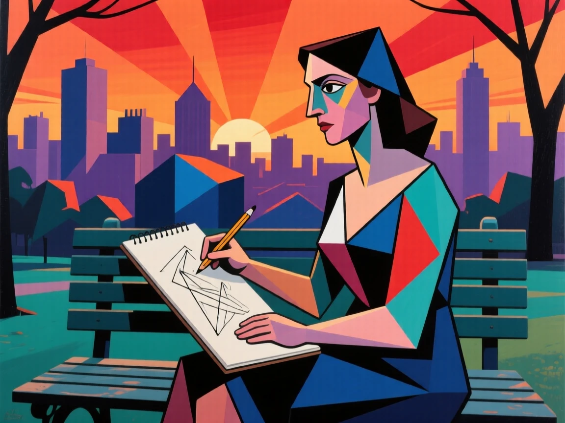 A woman sketching the skyline from a park bench at sunset.