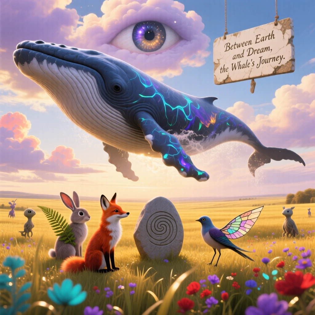 A whale breaching gracefully through a sky full of soft clouds wanders calmly through a field bathed in golden light, as small creatures pause to watch it pass by in silence.