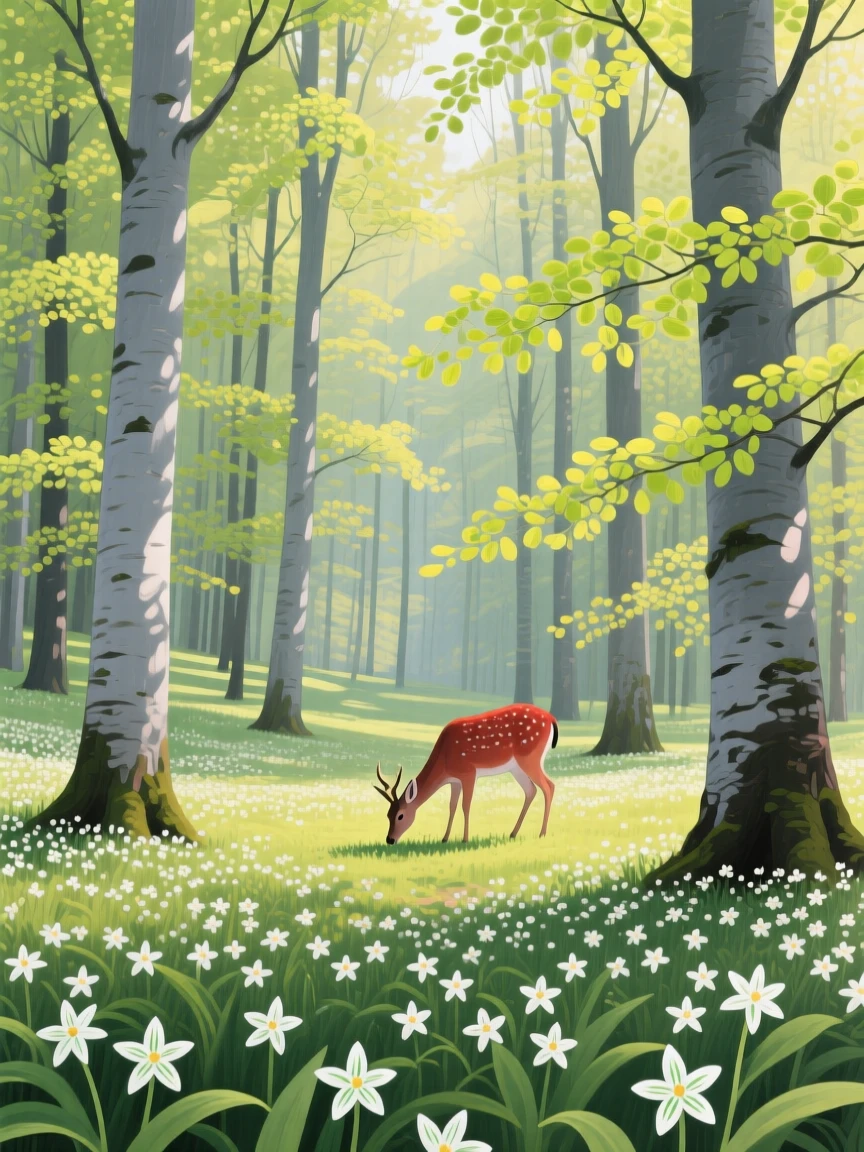 A dense beech forest in Slovenia glows lime-green with new spring leaves, dappled sunlight scattering across a carpet of wild garlic flowers, a deer grazing quietly in a small clearing.