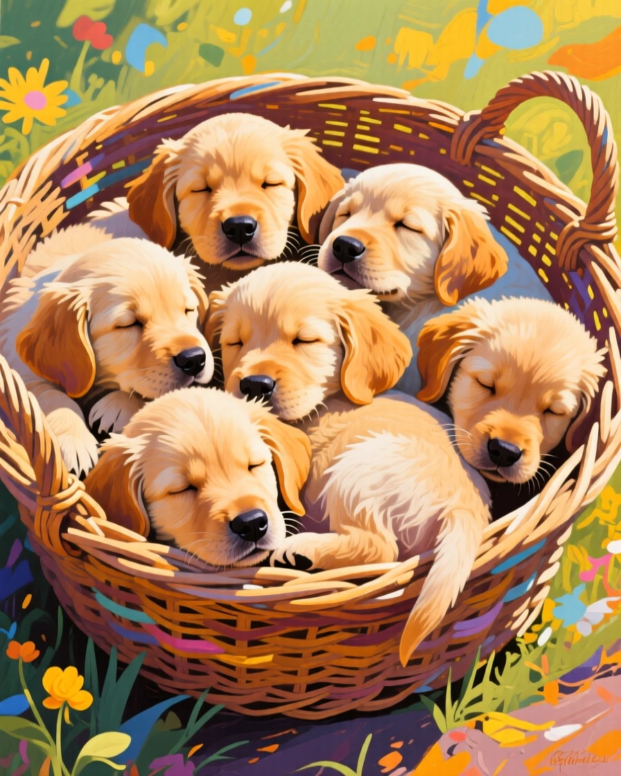 A litter of golden retriever puppies piled together asleep in a sunlit wicker basket
