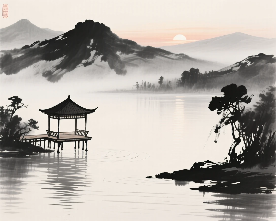 a still mountain lake at dawn, with a wooden pavilion built out over the water on stilts.