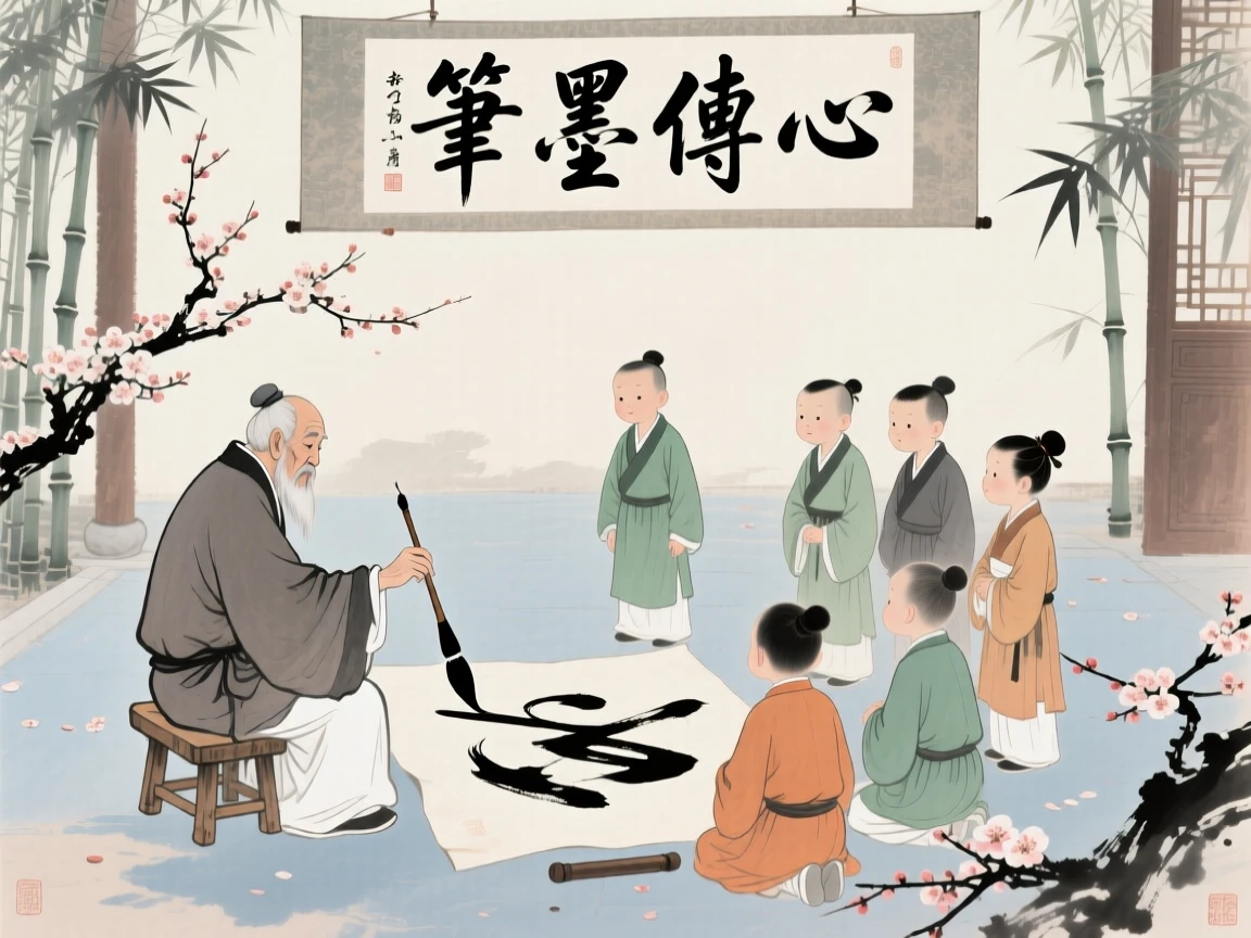 A calligraphy master demonstrating brushwork to a circle of young students, touched with gentle melancholy.