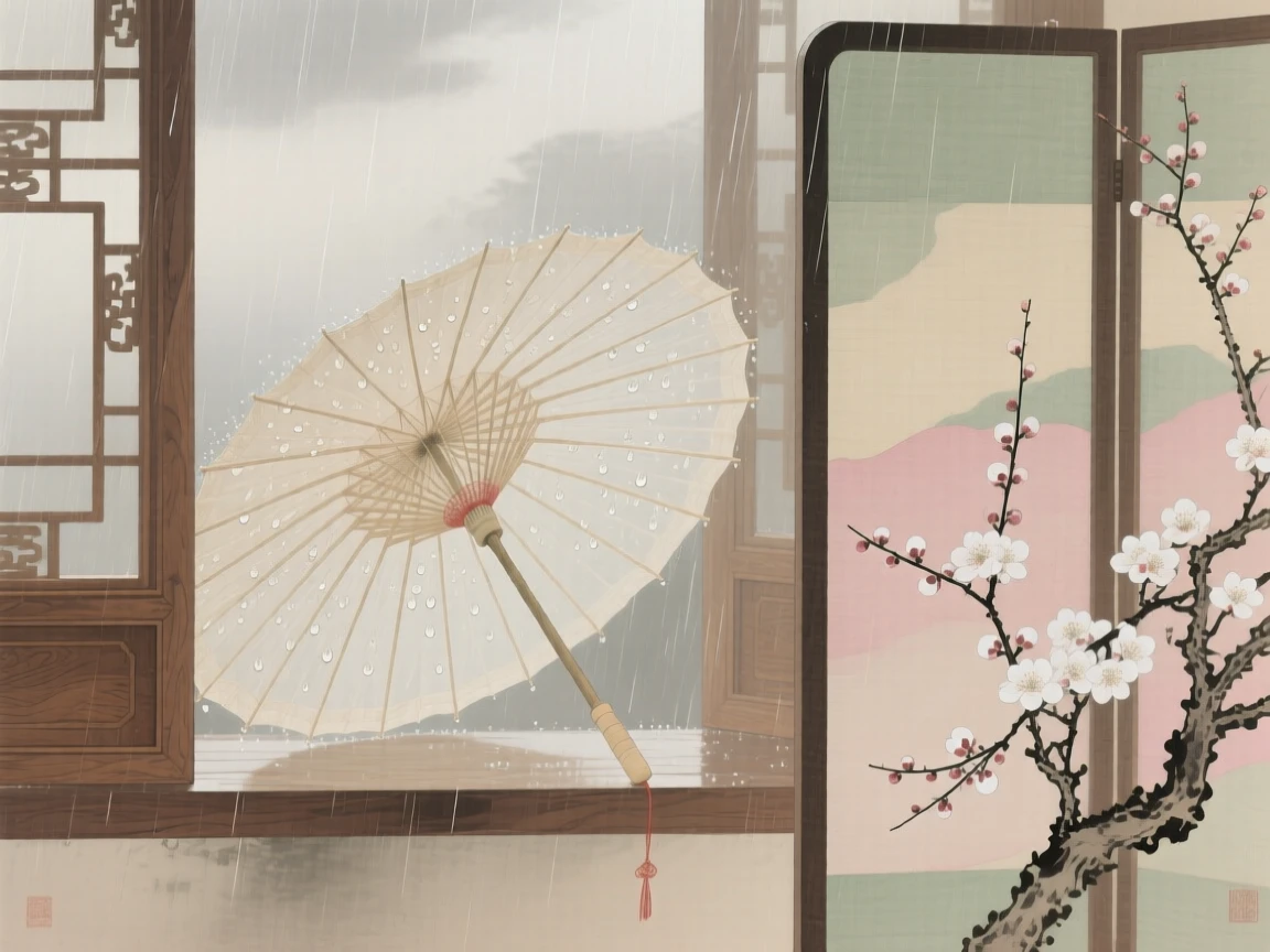 A paper umbrella leaning against a window on a rainy day in soft afternoon light beside a paper screen