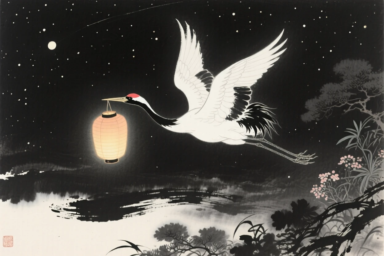 A celestial crane carrying a lantern through the night sky within a hidden celestial garden, composed with sweeping, dynamic movement across the frame, capturing a dreamlike, otherworldly stillness.