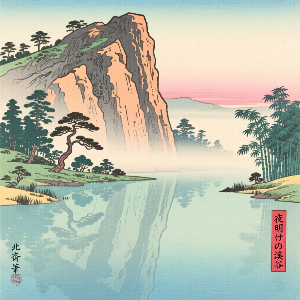 A rocky cliff face, reflected in a calm mountain pond, at dawn.