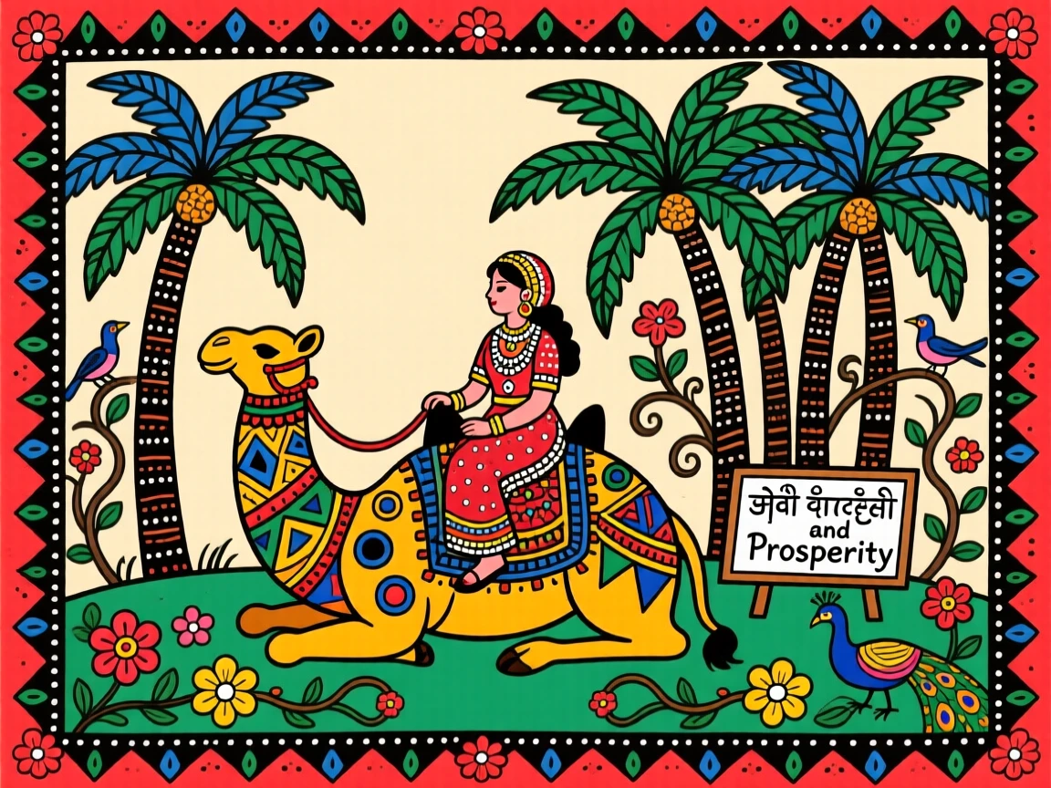A camel resting beside its rider near a cluster of date palms.