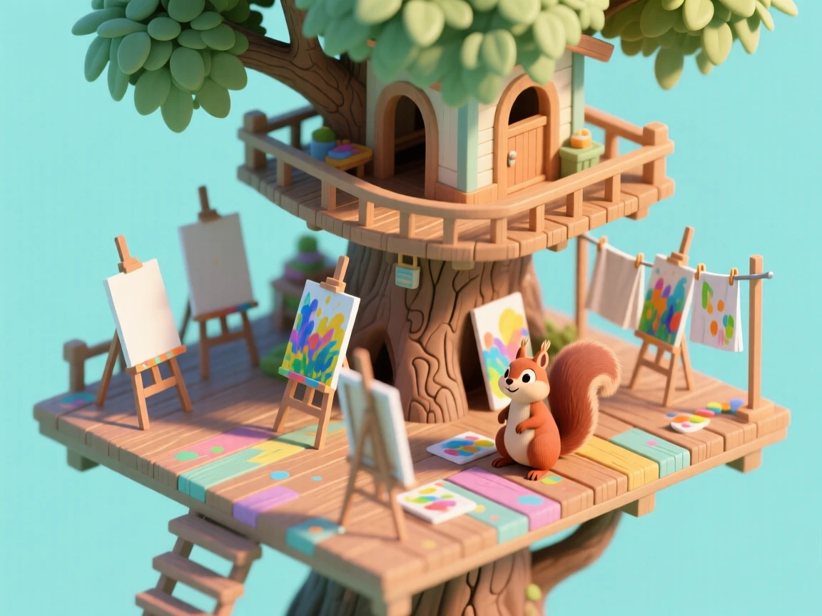 A treehouse art studio with easels set up on a wraparound deck, paint-splattered floorboards, canvases drying in the breeze, and a squirrel modeling for a portrait.