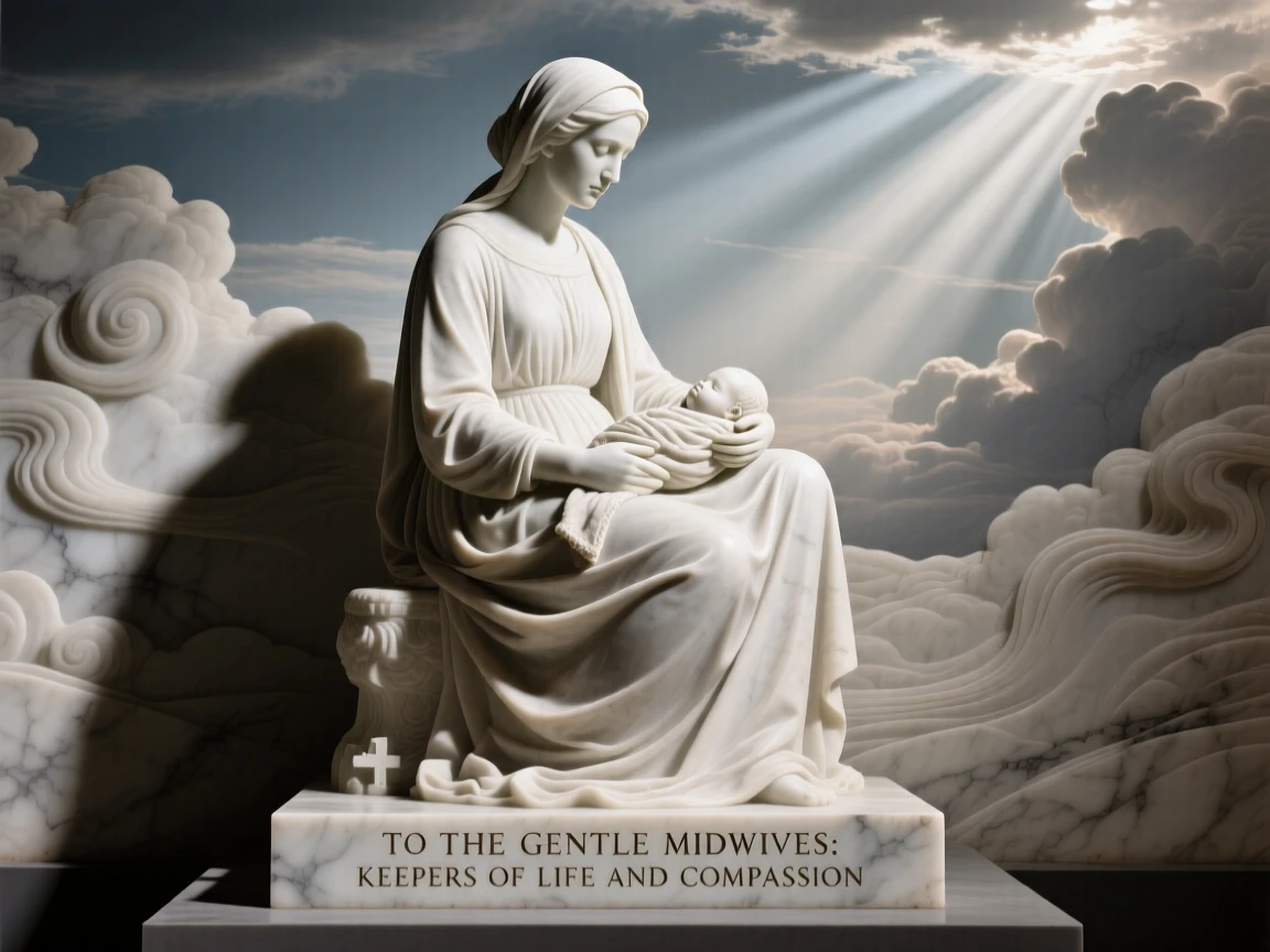 A tender portrait of a gentle midwife, lost in quiet contemplation, silhouetted against a dramatic sky, evoking warmth and humanity