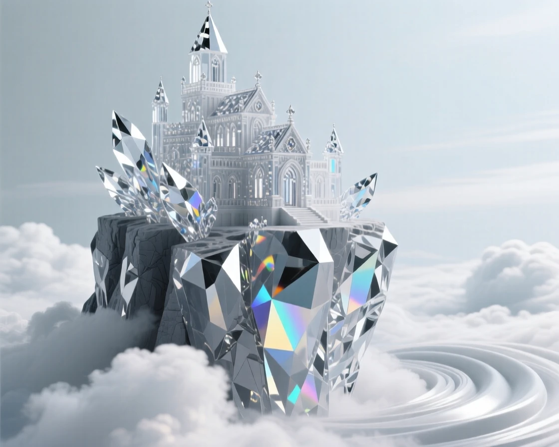 A remote monastery perched on a cliff edge above swirling clouds.