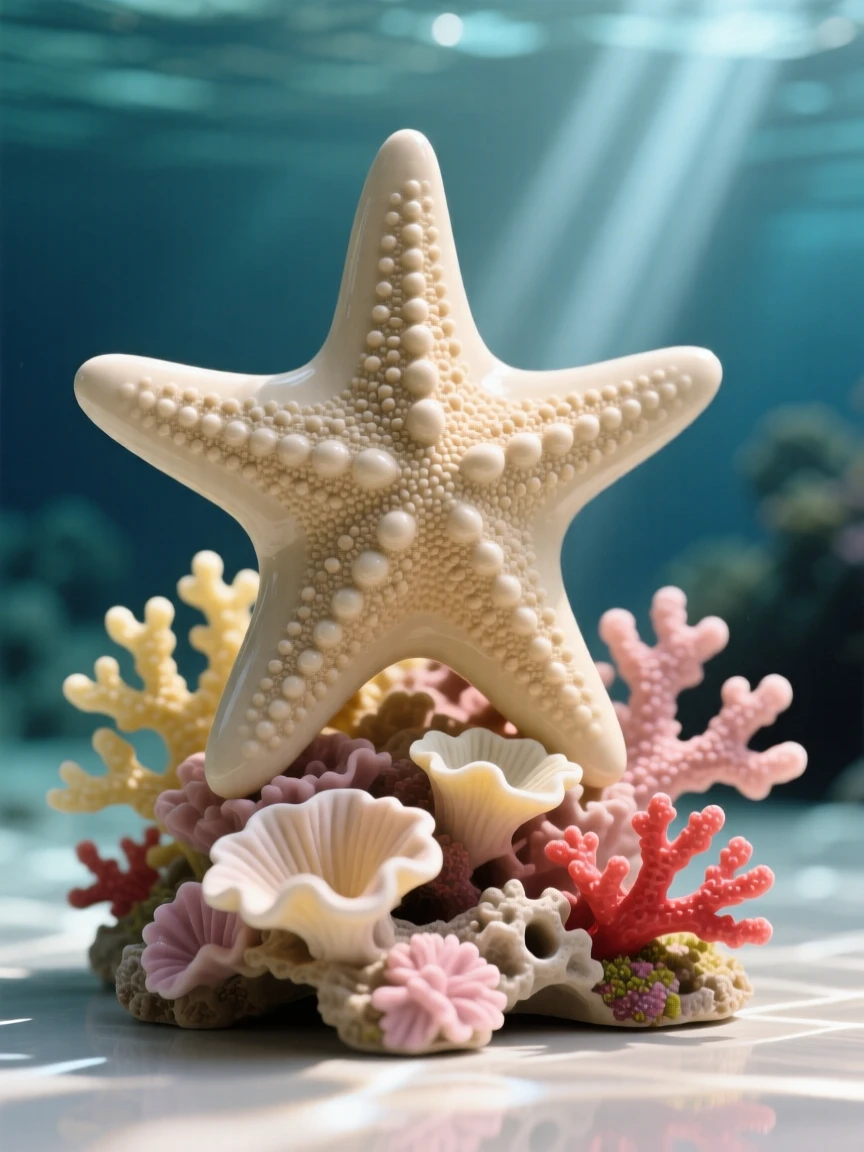 A starfish resting on a bed of coral suspended in a shaft of filtered sunlight, with light rippling across its skin, evoking the vast serenity of the ocean.