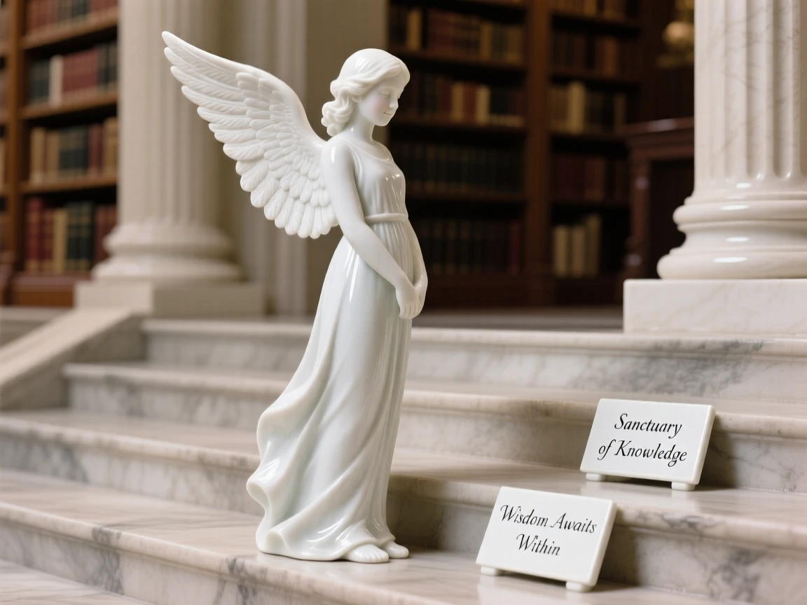 A gentle angel-winged girl looking over her shoulder with a soft smile in the steps of a grand library, her expression calm and thoughtful.