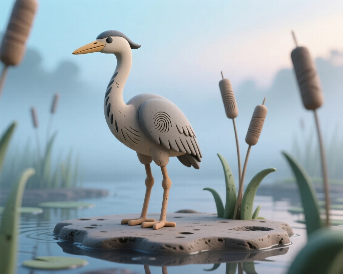 A heron standing motionless in misty wetlands at dawn