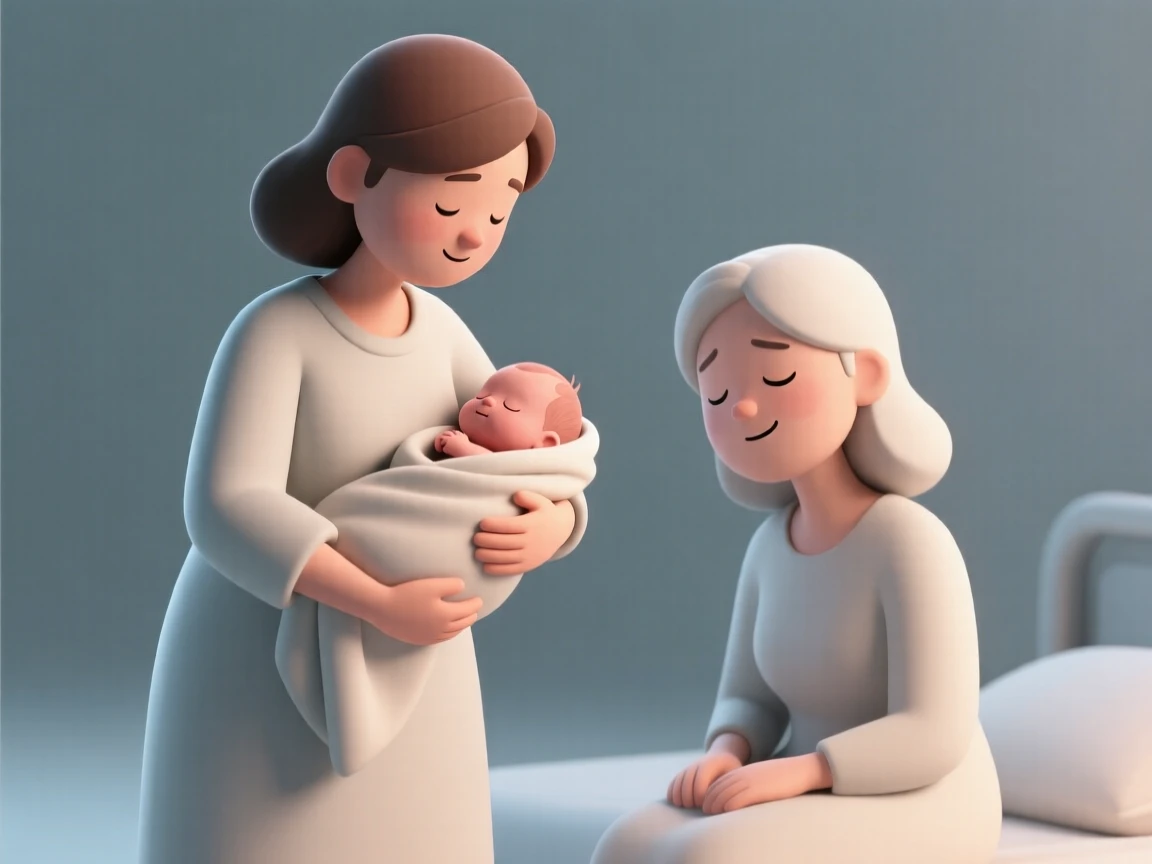 A gentle midwife cradles a newborn baby wrapped in a soft blanket, smiling warmly at an exhausted new mother.