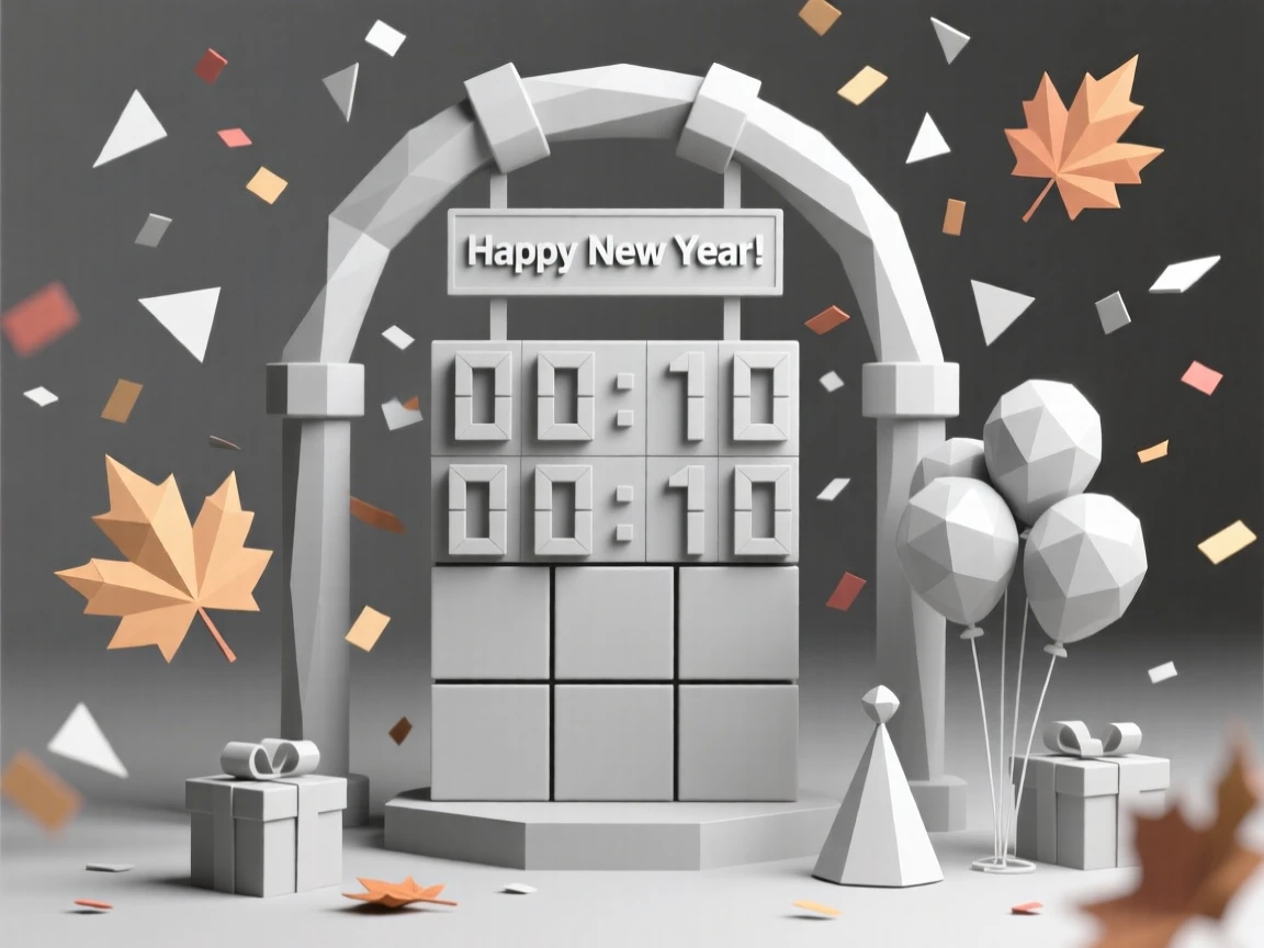A New Year's Eve countdown under a shower of confetti, as autumn leaves drift through the air. small charming details enrich the festive setting. The atmosphere radiates warmth and cheer.