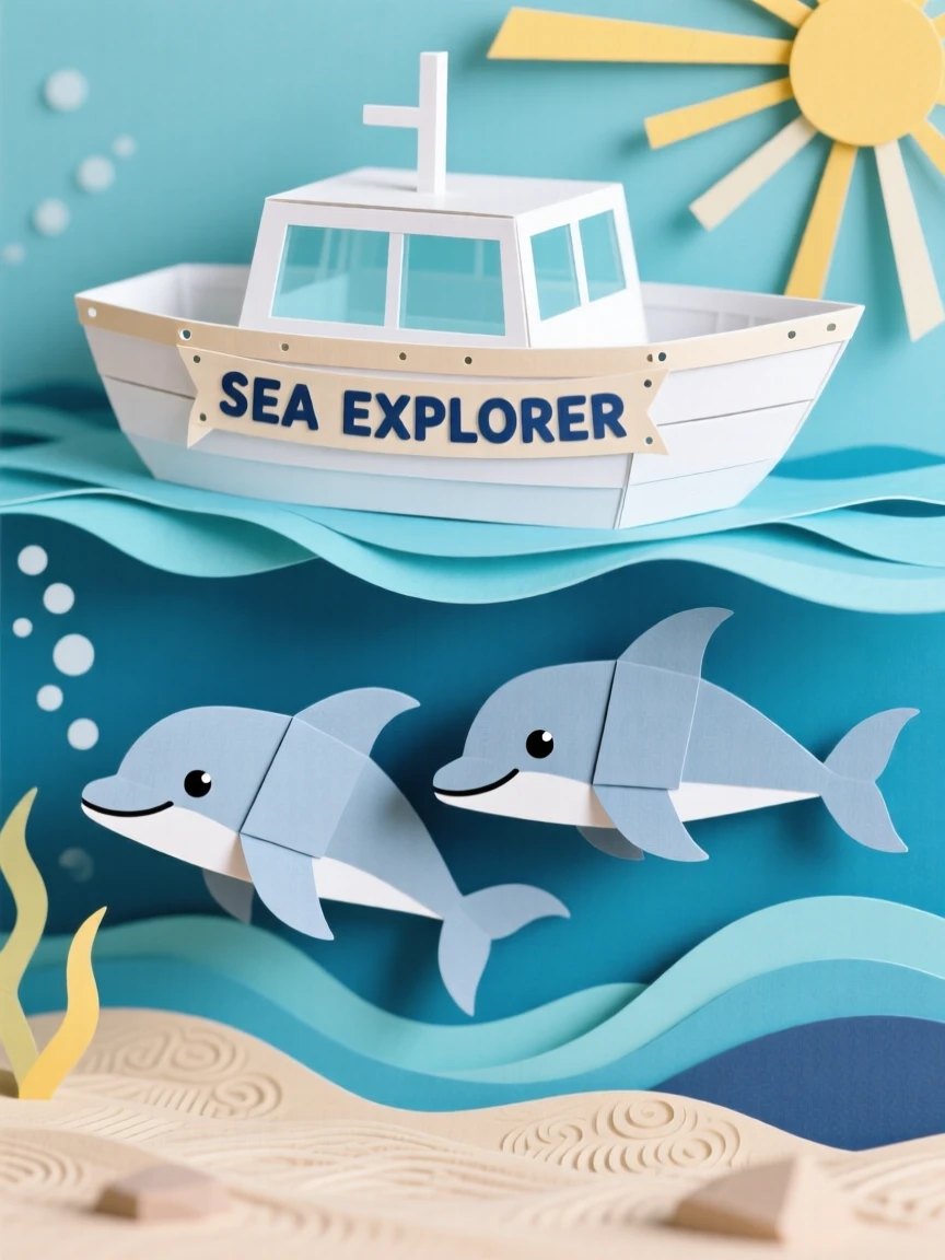A pair of playful dolphins swimming beneath a glass-bottom boat, sunlight rays piercing the clear blue water around them, evoking wonder and connection with the sea.
