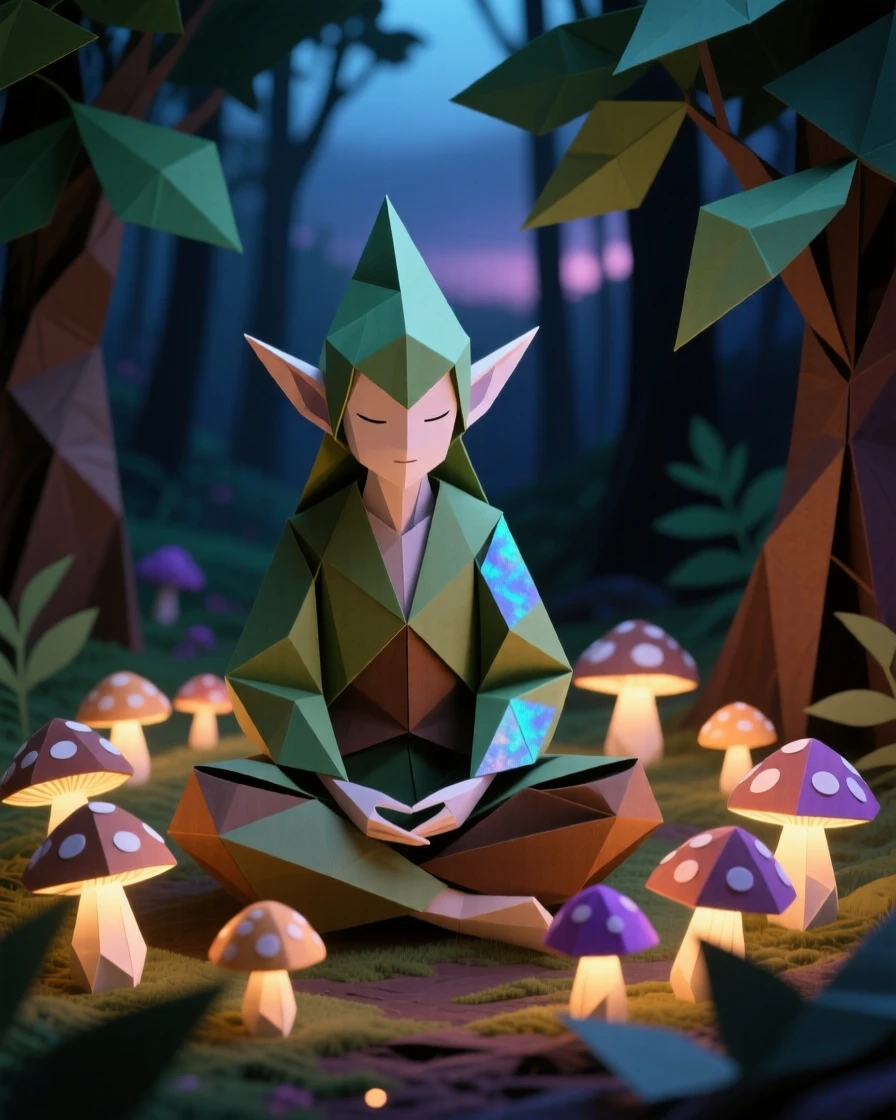 A forest sprite sitting cross-legged among a ring of glowing mushrooms at twilight.