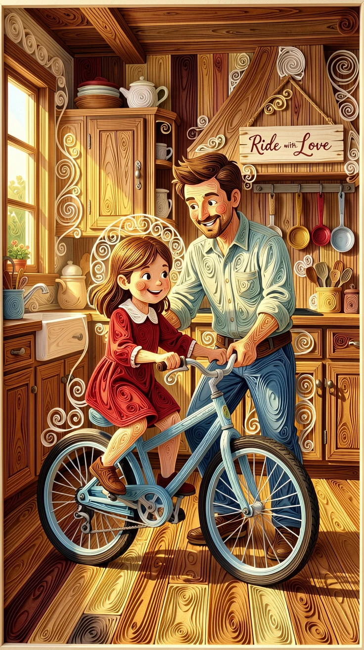 A heartwarming moment of a father teaching his daughter to ride a bicycle in a rustic farmhouse kitchen, with gentle sunlight highlighting joyful smiles, composed with warm golden light wrapping around the scene.