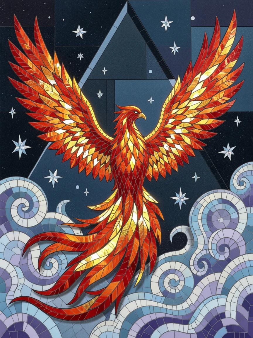 An epic fantasy scene of a phoenix rising in a burst of fiery feathers against a night sky, with swirling mist and glowing highlights.
