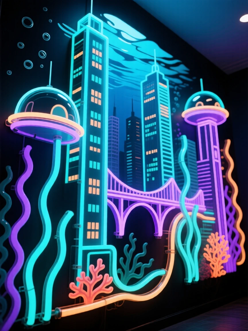 A dramatic scene showing an underwater city glowing beneath the waves from a low angle.