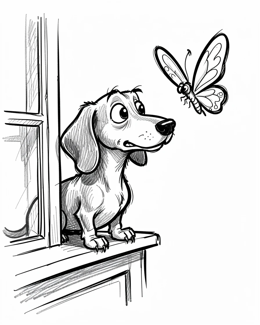 A dachshund watching a butterfly on the windowsill.