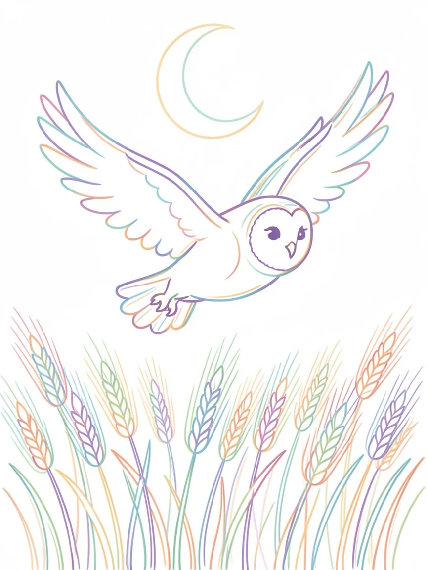 A barn owl gliding silently over a moonlit wheat field.
