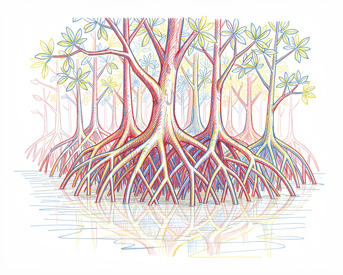 A dense mangrove forest with roots twisting into calm, glassy water