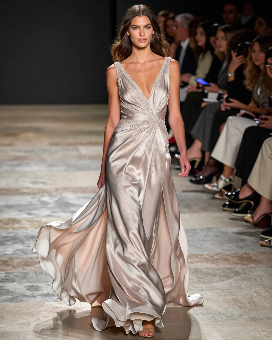 A model walking a runway in a flowing gown