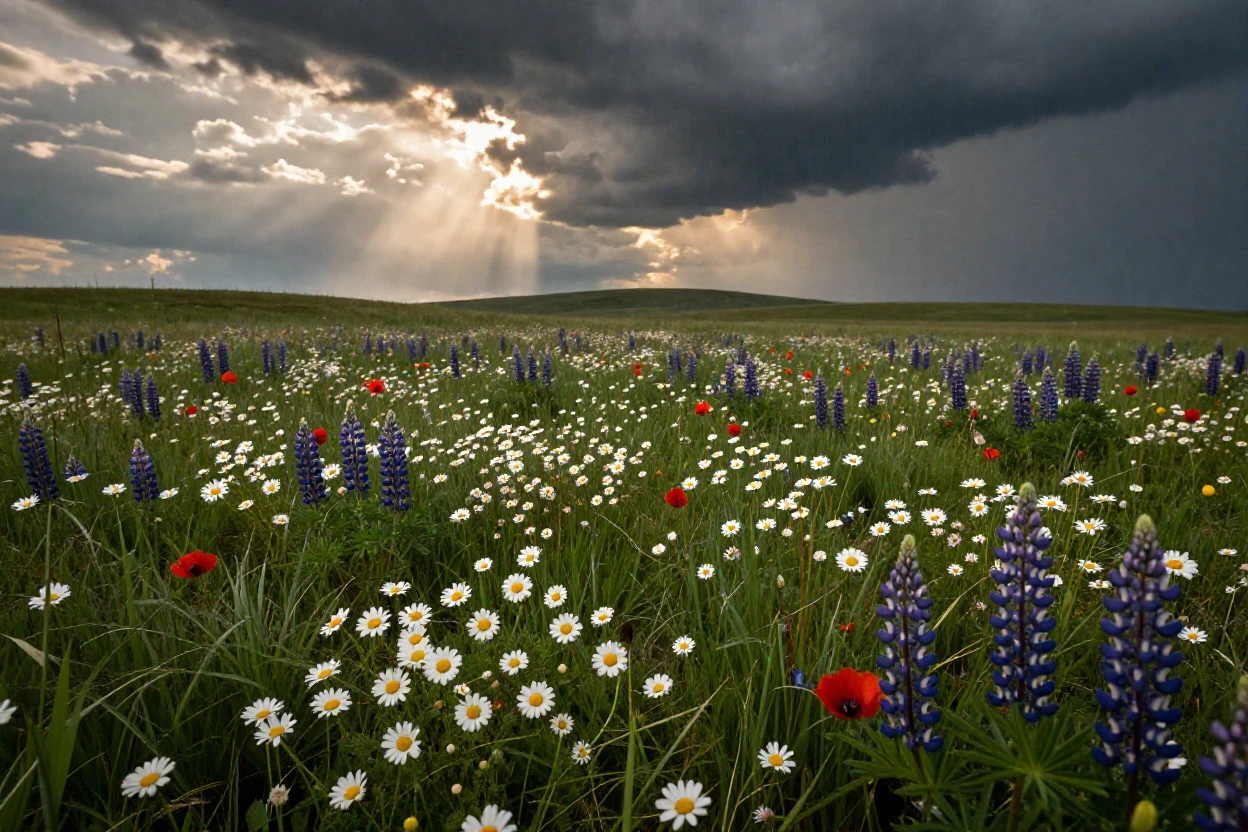 A quiet meadow scattered with wildflowers, stretching endlessly during a sudden summer storm