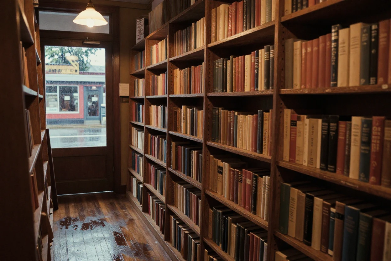 A quiet bookstore aisle lit by warm hanging lamps, in low lamplight, just after a rain shower, with puddles reflecting the sky, as summer fades into fall, in earthy terracotta and ochre shades, from a three-quarter angle.