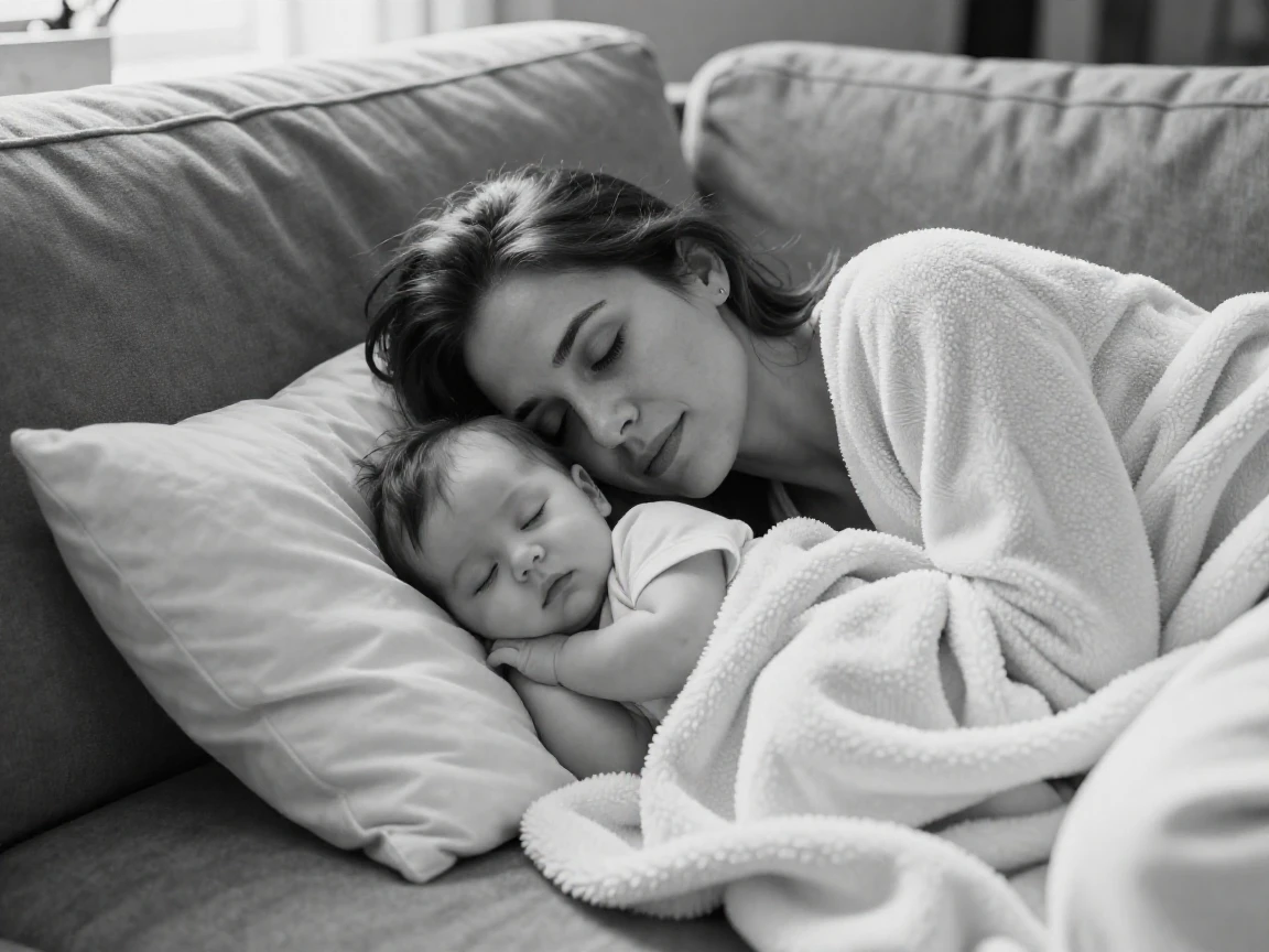 A mother and her infant son nap together in a soft blanket on a cozy living room couch.